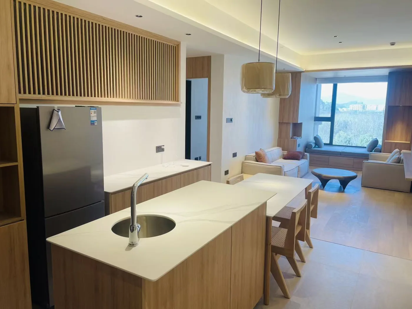 Coordinated wood interior with cabinetry